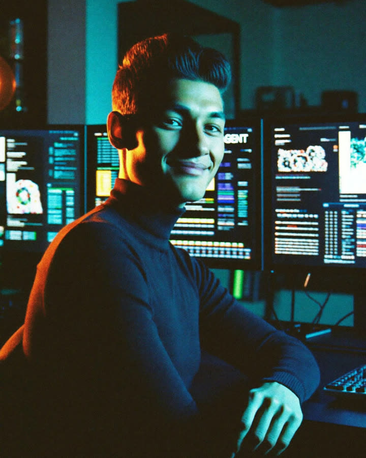 A builder at a desk with several monitors showing AI agent dashboards