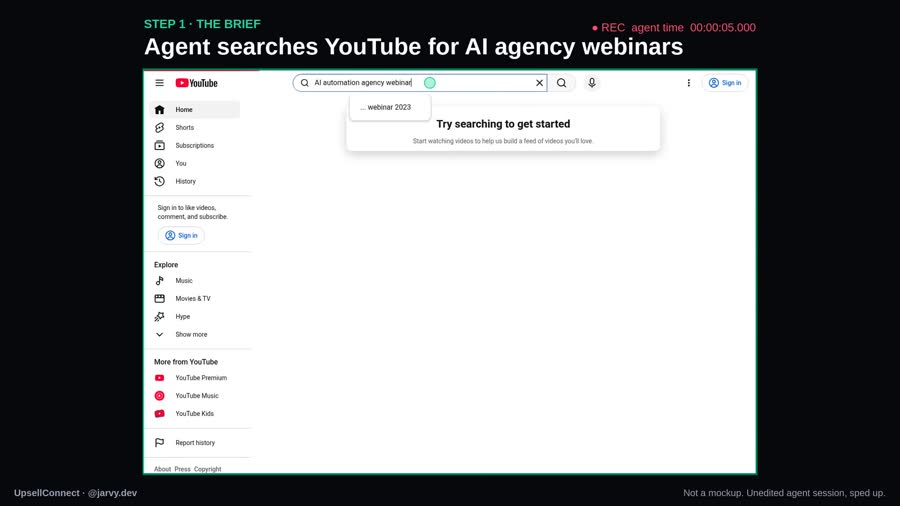Frame from a real agent session: step one, the agent gets a brief and searches YouTube for AI agency webinars