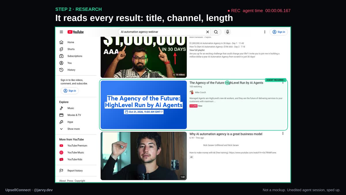Screen recording of an AI agent searching YouTube and reading each result: title, channel and length
