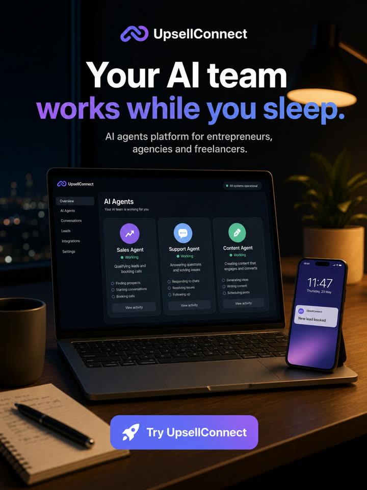 AI-generated ad: a laptop with AI agent cards at night and a phone showing New lead booked, headline Your AI team works while you sleep