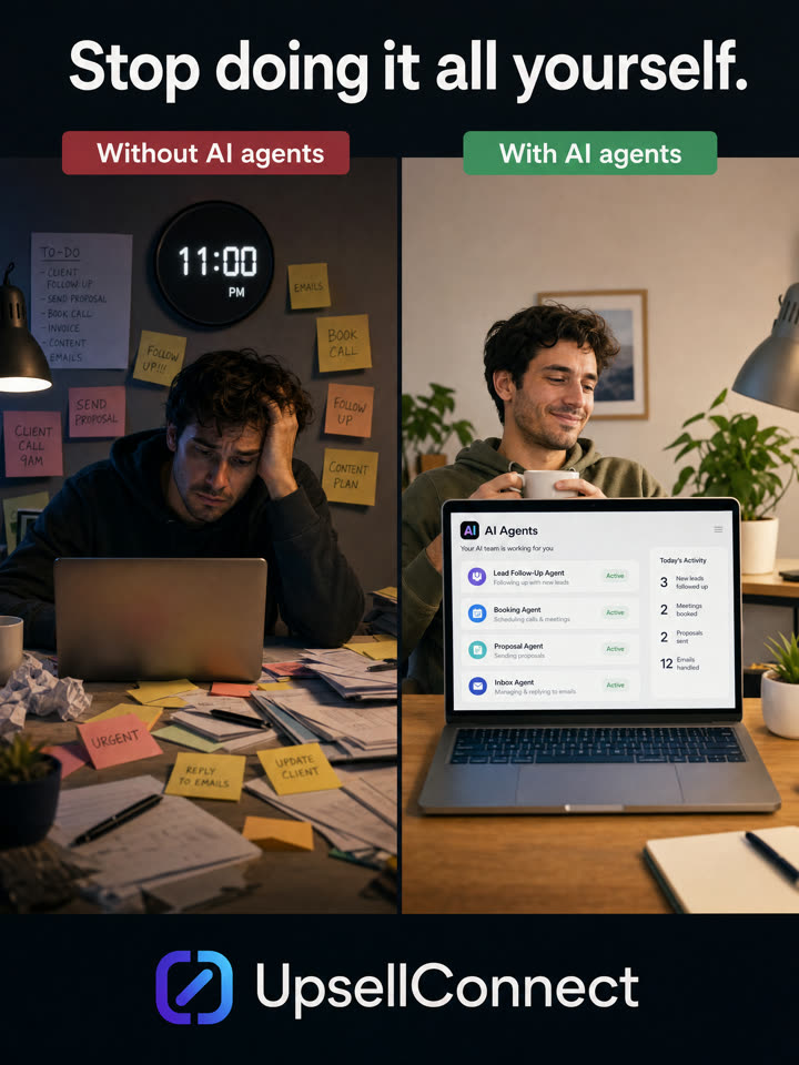AI-generated split-screen ad: a stressed freelancer at 11pm without AI agents next to the same person relaxed with AI agents, headline Stop doing it all yourself