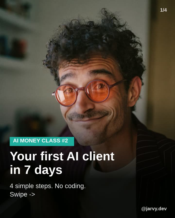 Jarvy, an AI-generated teacher, with the title AI Money Class 2: your first AI client in 7 days