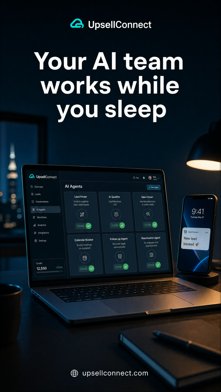 UpsellConnect AI agents dashboard on a laptop at night with a phone notification: new lead booked