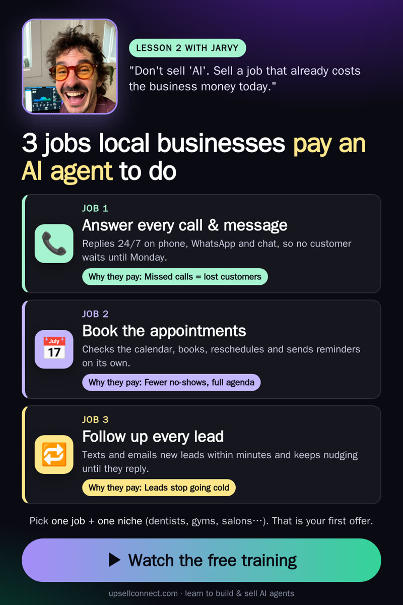 Lesson 2 card: 3 jobs local businesses pay an AI agent to do