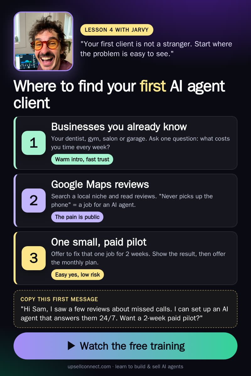 Lesson 4 card: where to find your first AI agent client