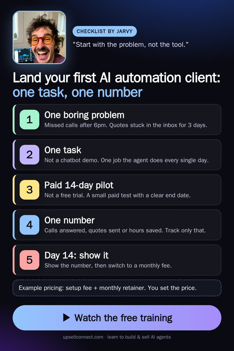 Lesson 7 card: one task, one number checklist for your first AI agent pilot