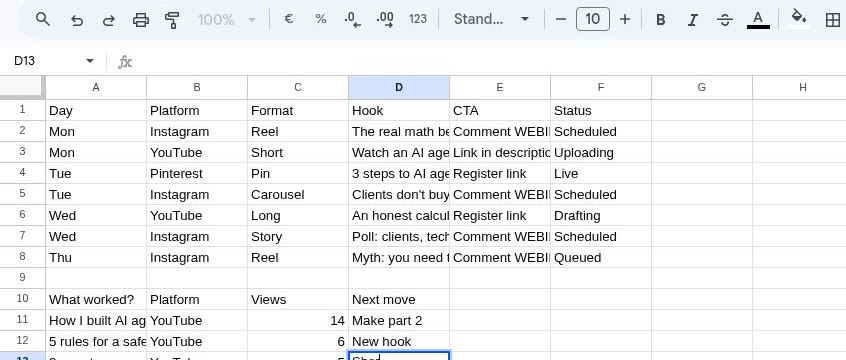 Google Sheet filled in by an AI agent: content plan with status per post, and a 'what worked' table with real view counts