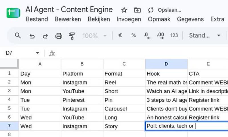 AI agent filling a Google Sheet content plan (real recording, test data)