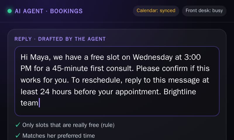 Booking agent answering a test lead (real recording, test data)