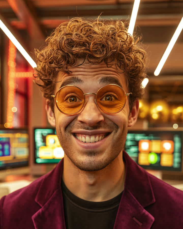 Jarvy, the curly-haired AI host of UpsellConnect, grinning in a velvet blazer and orange glasses