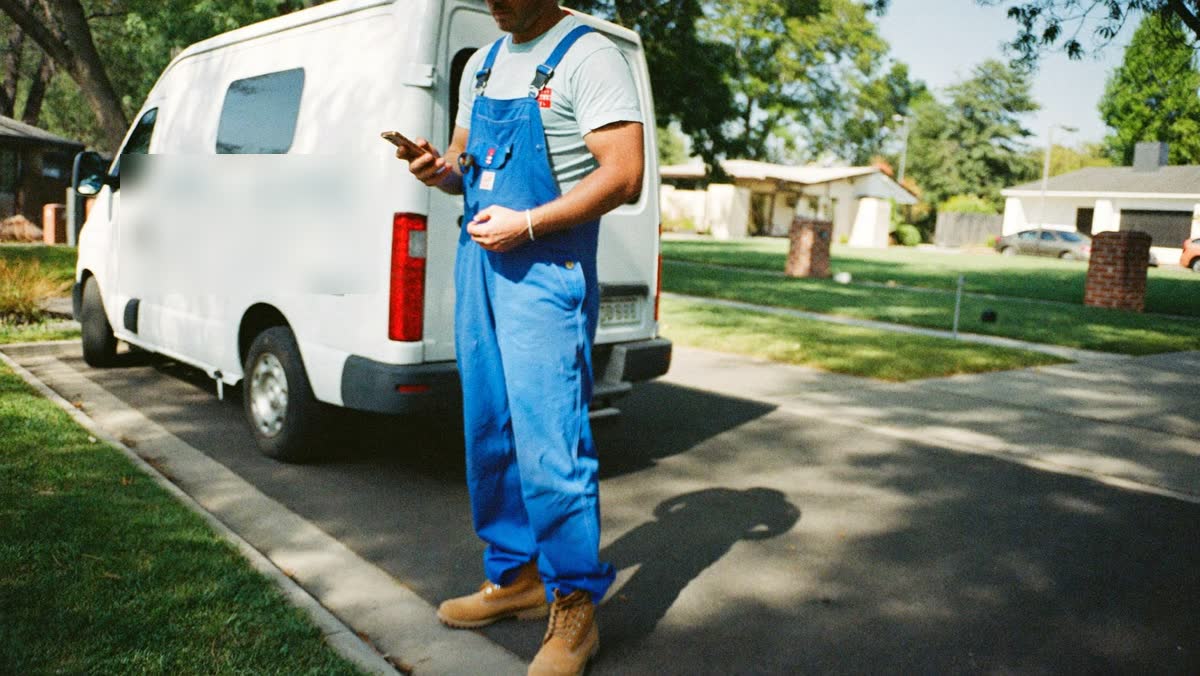 Plumber with a phone next to his service van